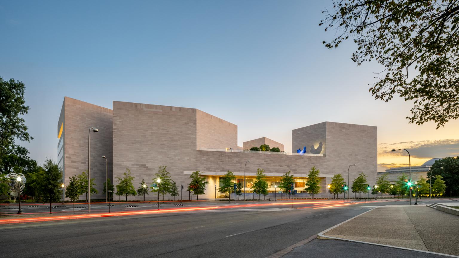 National Gallery of Art East Building at dusk, viewed from Constitution Ave