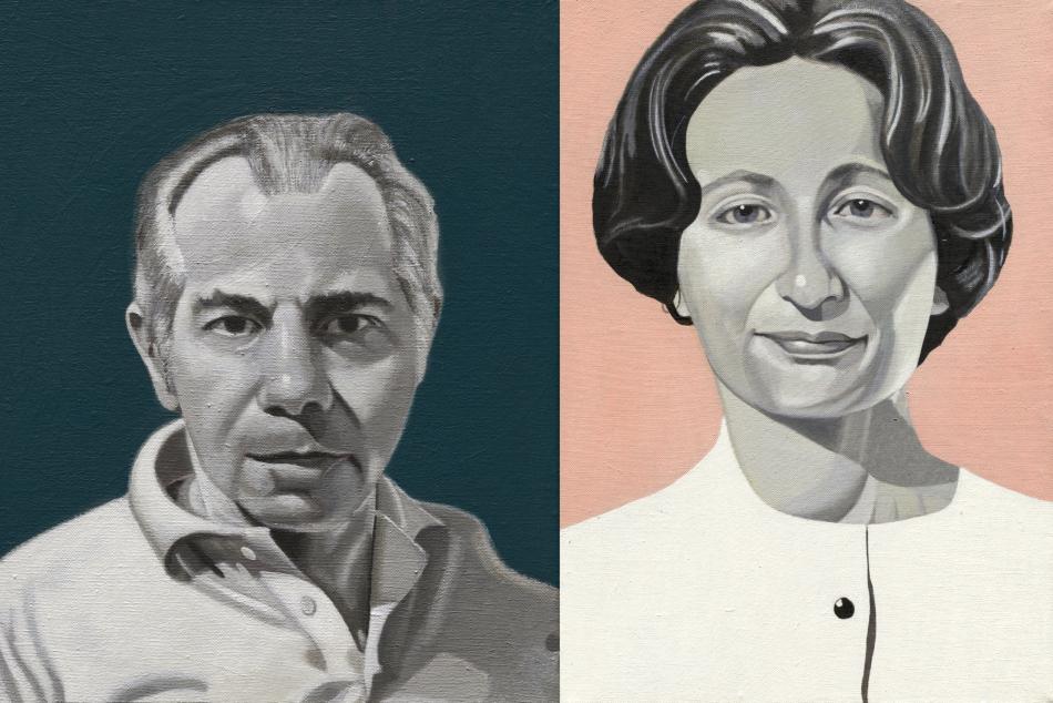 A composite of Michael Vinson's oil painting portraits of Herbert Vogel and Dorothy Vogel