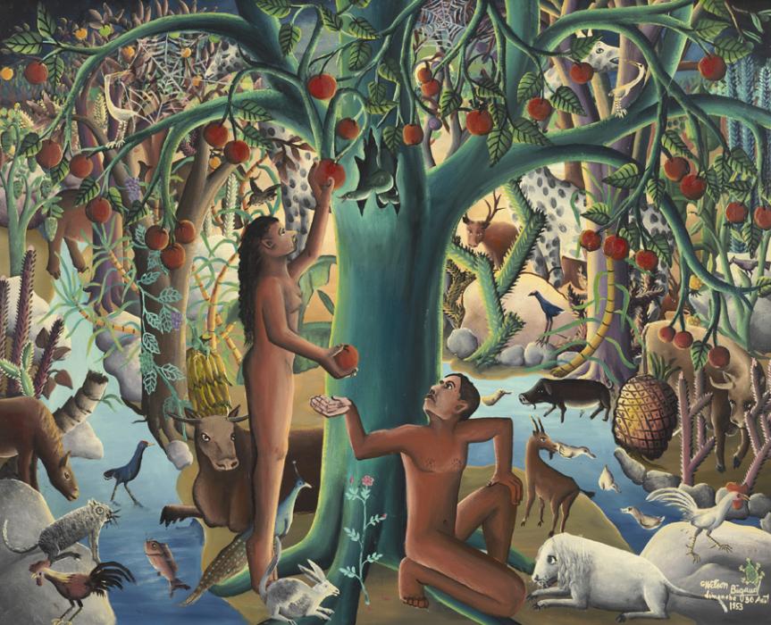 A painting shows a nude woman standing next to a tree reaching up to grab an apple. A man kneels before the tree, looking up at the woman with one palm extended out towards her. Both have clay reddish brown skin and dark hair. Hers is long and his is short. The tree is green and has red apples hanging from its branches. It is surrounded by small animals of all kinds. A blue river runs along either side of the central green tree.