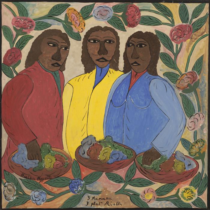 A painting of three Black women standing next to each other. They are all shown from the waist up. They wear jackets or robes. The woman on the left wears a rose red jacket, the one in the center vibrant yellow, and the woman in the right a periwinkle blue. They are surrounded on the edges of the painting with vines of pink, blue, and orange flowers. Each has a basket in front of them with the same color flowers.
