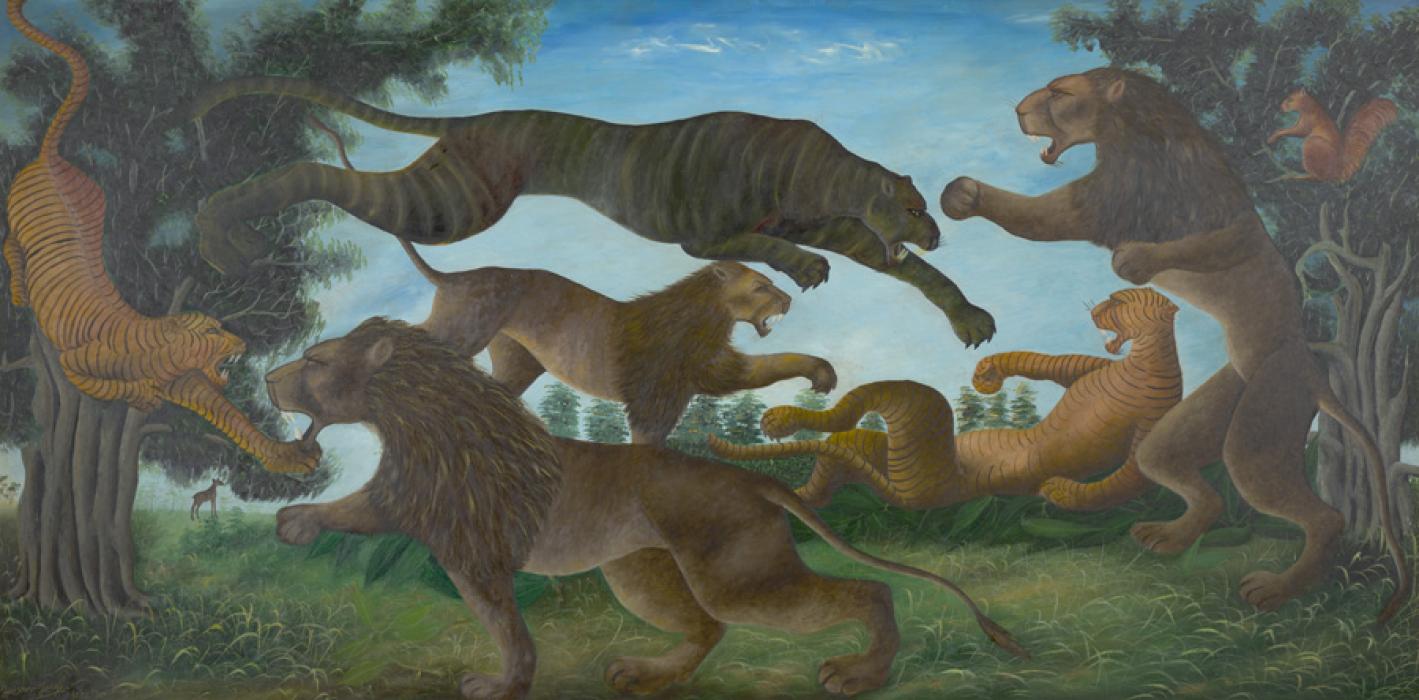 A horizontal painting shows lions, tigers, and other big cats leaping across at each other, paws extended and teeth bared. They all appear mid-air about to fight each other, but none are touching the other. They are set in a wooded landscape with a large tree framing the composition on the left and right side. In the middle is grass, with trees in the distance, and a turqoise blue sky above.