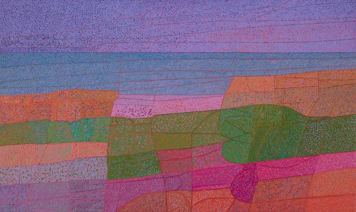 An abstract painting shows irregular rectangles of textured blocks of color. At the top is a band of grape purple blocks. Below that a band of blue blocks. Then the bottom half of the composition features bands of orange, magenta, verdant green, and light pink.