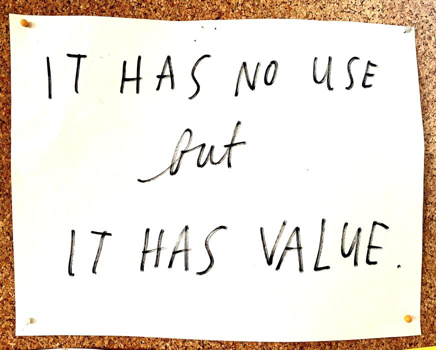 Handwritten placard "It has no use but it has value"