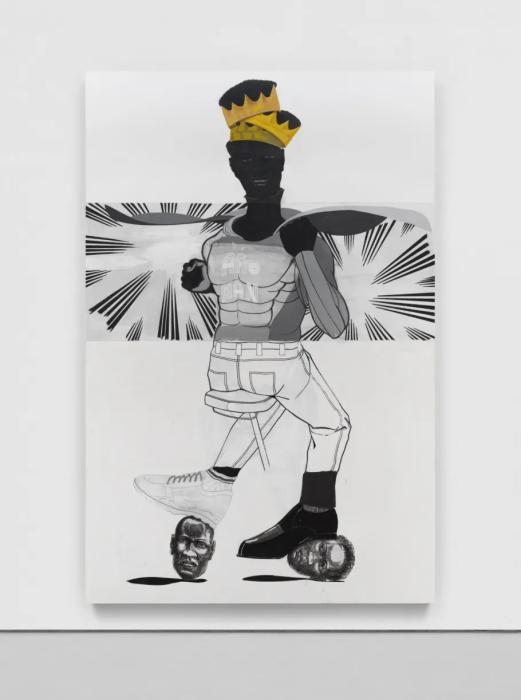 A figure wearing three afro-filled crowns stacked on top of each other