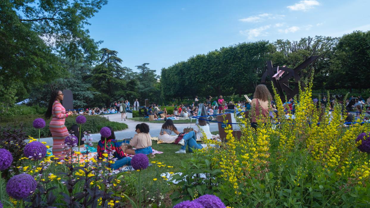 image:  Visitors enjoy Jazz in the Garden in the National Gallery of Art Sculpture Garden