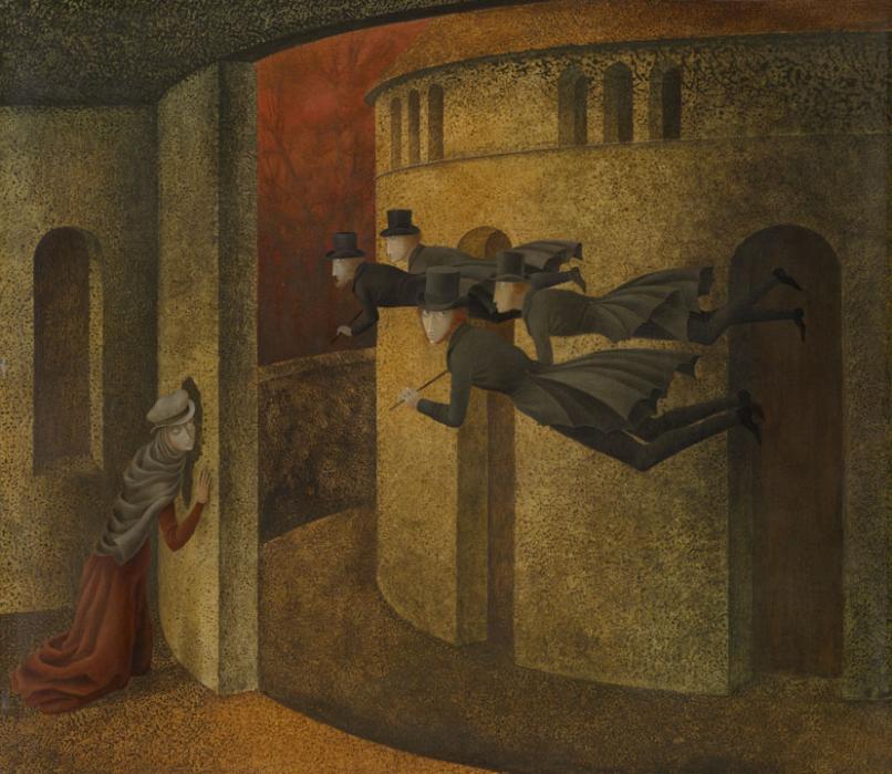 image: Remedios Varo (artist), Banqueros en acción (Bankers in Action) (title)