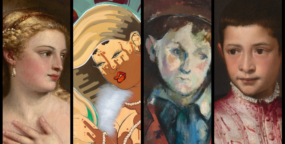 A collage of Titian's Venus with a Mirror, Rozeal's afro.died.T, Cezanne's Boy in a Red Waistcoat, and Titian's Ranuccio Farnese
