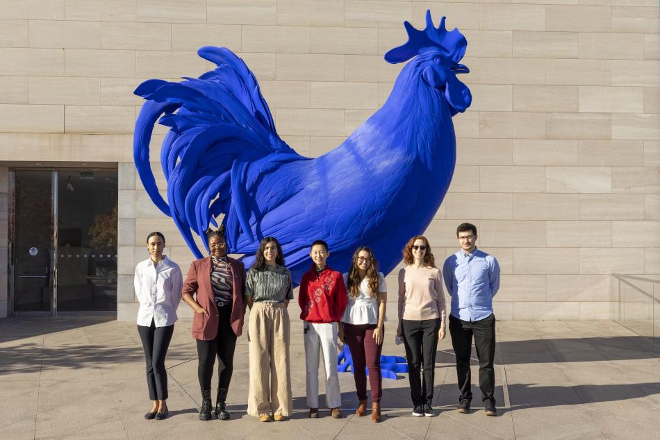 Academic year interns pose in front of Katharina Fritsch's Hahn/Cock
