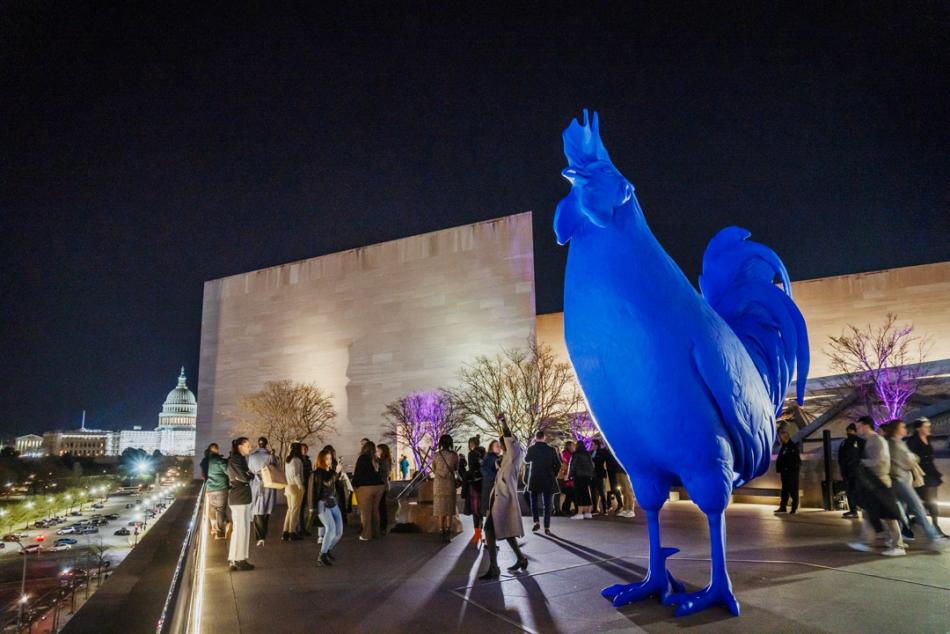 National Gallery Nights, rooftop sculpture at night with US capitol building in the background