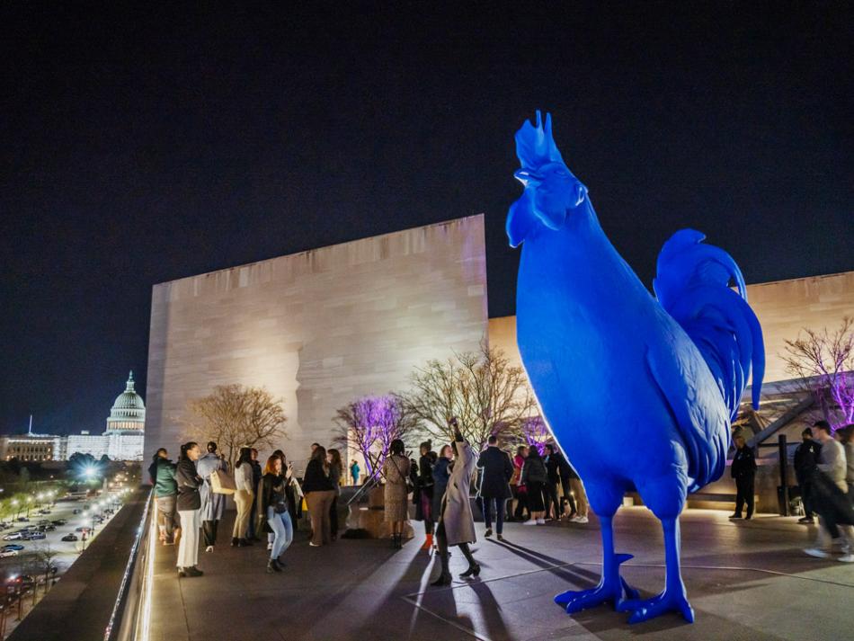 National Gallery Nights, rooftop sculpture at night with US capitol building in the background