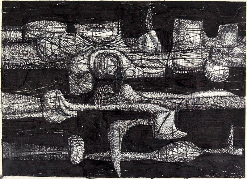 A print shows abstract white organic forms stretching horizontally across. There are three bands of forms each with interlocking shapes. There are lines of black over them.