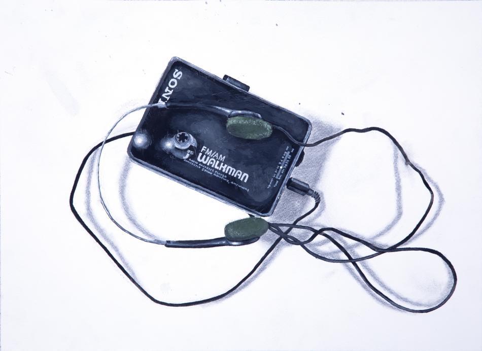 A black and white drawing of a Sony Walkman with wired headphones