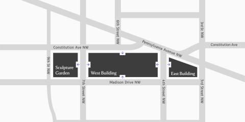 A map of the National Gallery of Art Campus that shows three locations: the Sculpture Garden, the West Building, and the East Building. The areas are side by side, running along both Madison Drive and the intersection of Constitution and Pennsylvania Avenues.