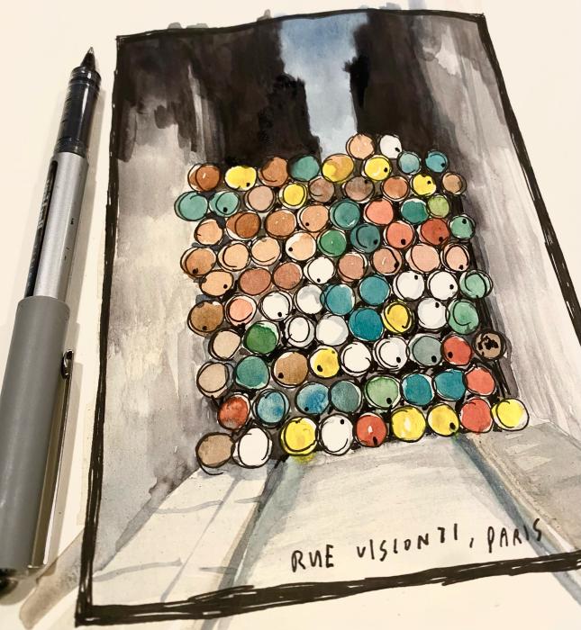 Wendy MacNaughton's ink and watercolor illustration of Christo and Jeanne-Claude's Wall of Barrels—The Iron Curtain