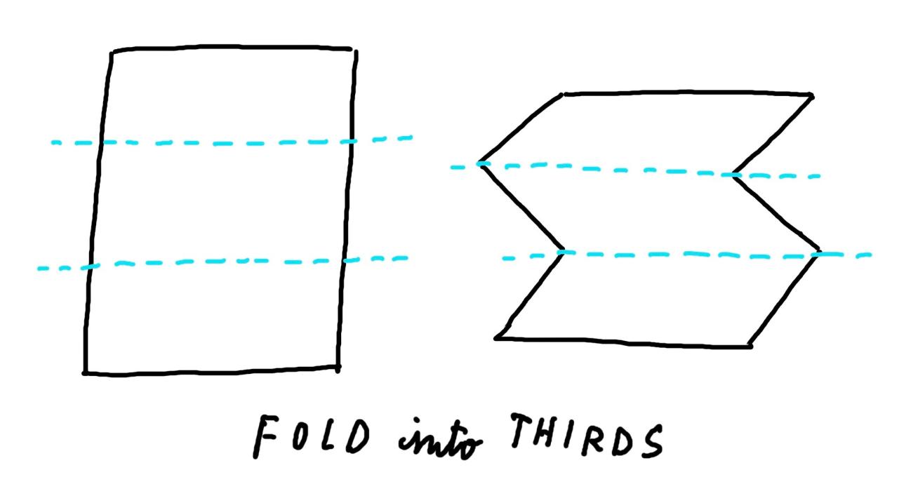 Illustrated directions for folding a piece of paper into thirds