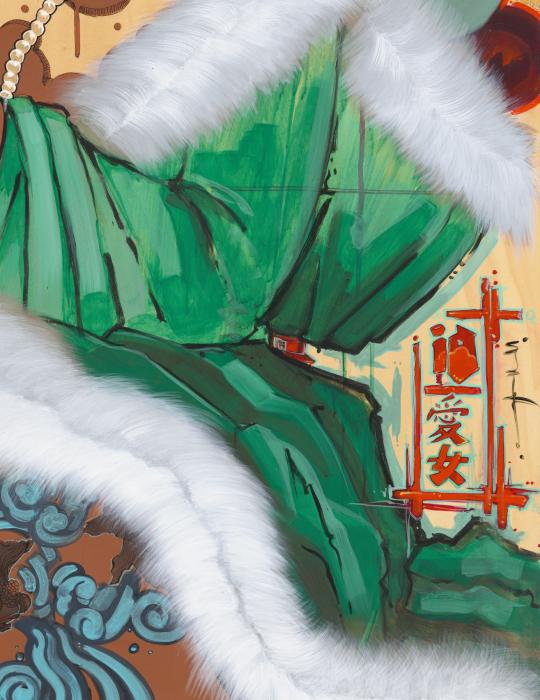 Close up of afro.died.T.'s green velvet robes trimmed with white fur