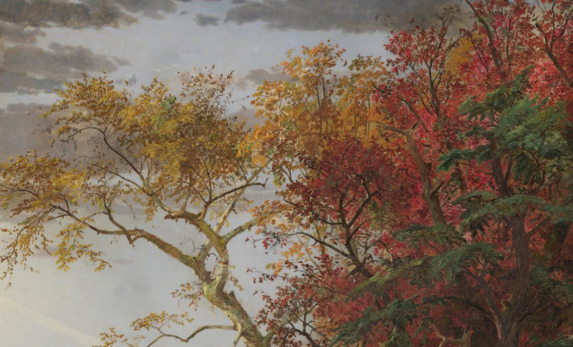 Detailed closeup of leaves on the right side of Cropsey's Autumn – On the Hudson